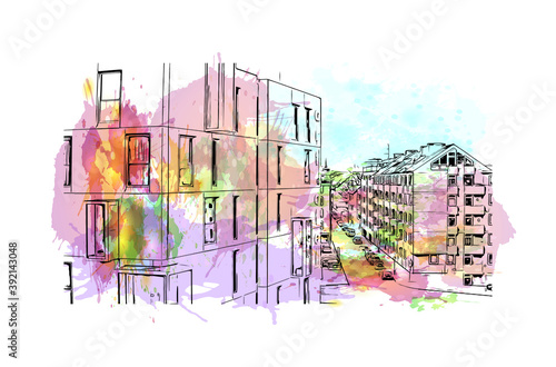 Building view with landmark of Cologne is the largest city of Germany. Watercolour splash with hand drawn sketch illustration in vector.