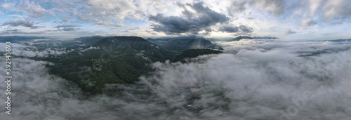 Beautiful Sea of clouds over the mountains landscape during moring sunrise at Mae Hong Son province amazing Thailand. Aerial view panorama with drone.