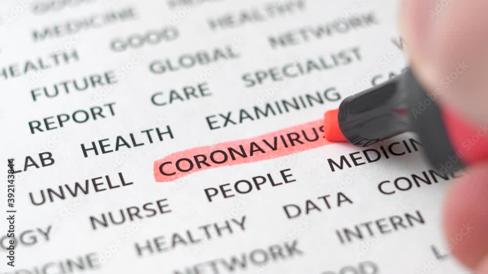 Hand highlights word coronavirus with red highlighter on white paper. Close-up Hand highlights word coronavirus with red highlighter on white paper. Close-up