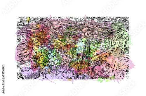 Building view with landmark of Cologne is the largest city of Germany. Watercolour splash with hand drawn sketch illustration in vector.