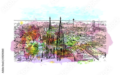 Building view with landmark of Cologne is the largest city of Germany. Watercolour splash with hand drawn sketch illustration in vector.