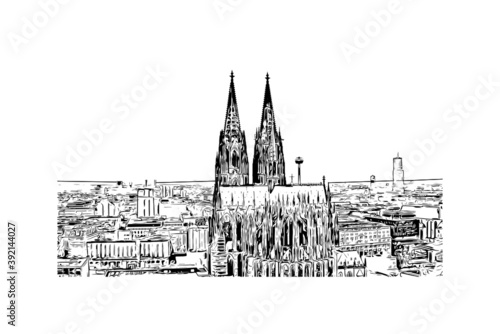 Building view with landmark of Cologne is the largest city of Germany. Hand drawn sketch illustration in vector.