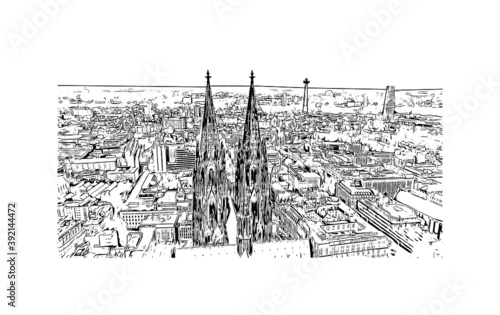Building view with landmark of Cologne is the largest city of Germany. Hand drawn sketch illustration in vector.