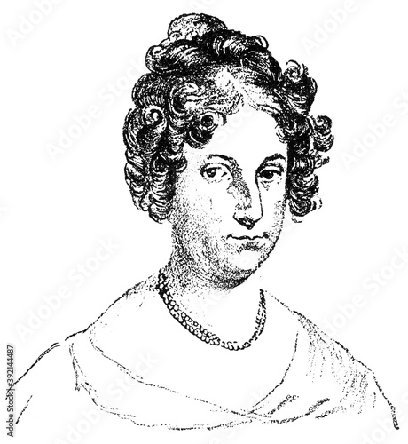 Portrait of Rahel Varnhagen - a German writer who hosted one of the most prominent salons in Europe during the late 18th and early 19th centuries. Illustration of the 19th century. White background.