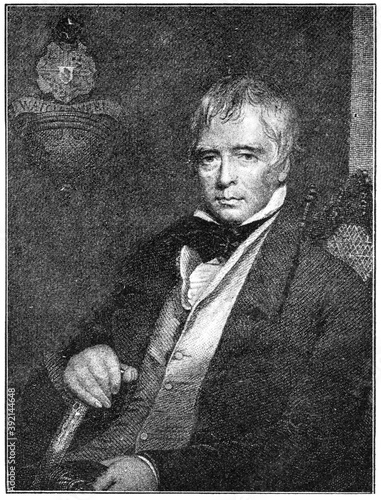 Portrait of Walter Scott - a Scottish historical novelist, poet, playwright, and historian. Illustration of the 19th century. White background. photo