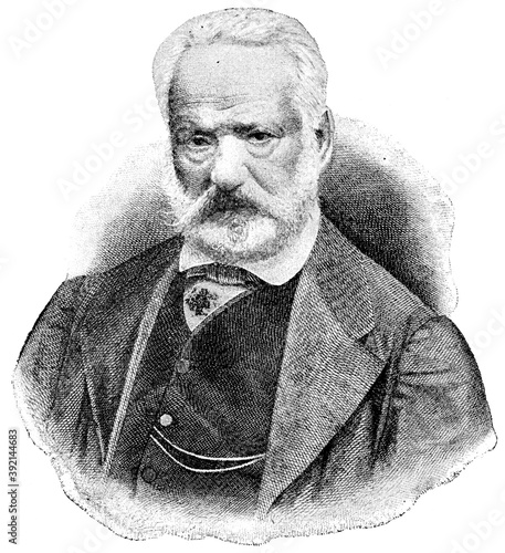 Portrait of Victor Hugo - a French poet, novelist, and dramatist of the Romantic movement. Illustration of the 19th century. White background.