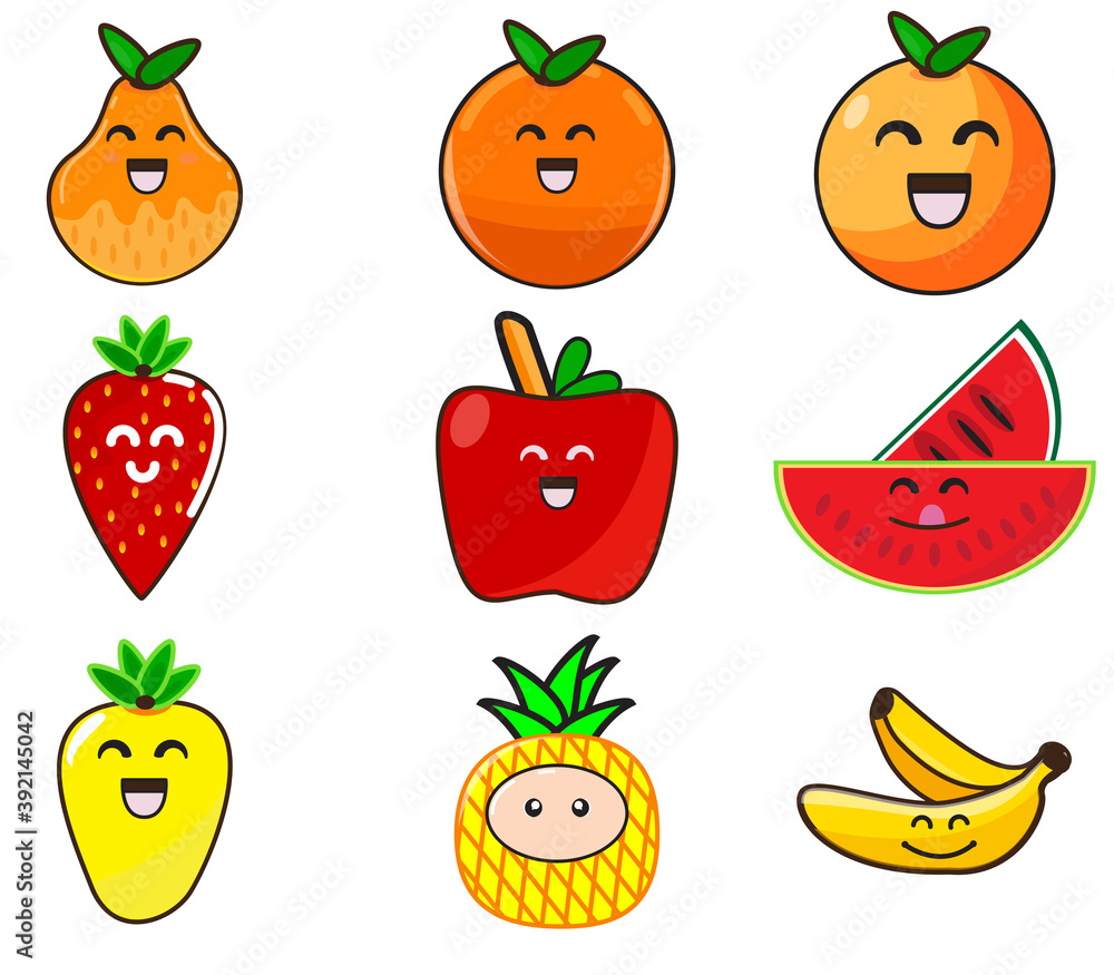 mascots of various fruits with illustrations of orange, watermelon, pineapple, strawberry, apple, banana, mango characters mascots of various fruits with illustrations of orange, watermelon, pineapple, strawberry, apple, banana, mango characters