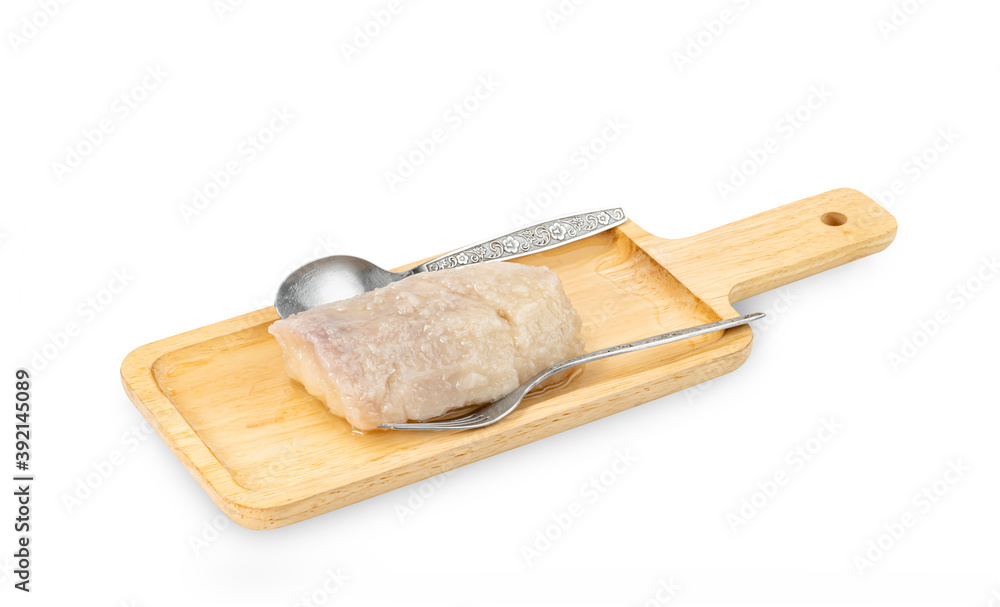 Taro in syrup with wooden dish isolated on white background ,Thai Dessert ,include clipping path