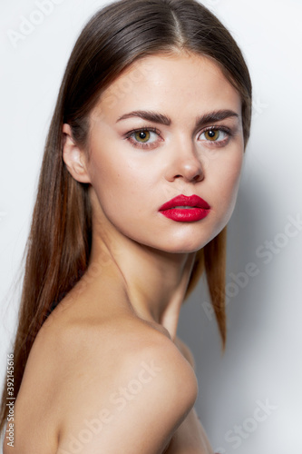 Brunette Nude shoulders red lips attractive look clear skin bright makeup