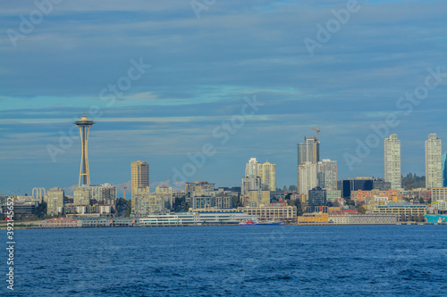 The downtown Seattle waterfront and skyline on Elliott Bay in King County  Washington