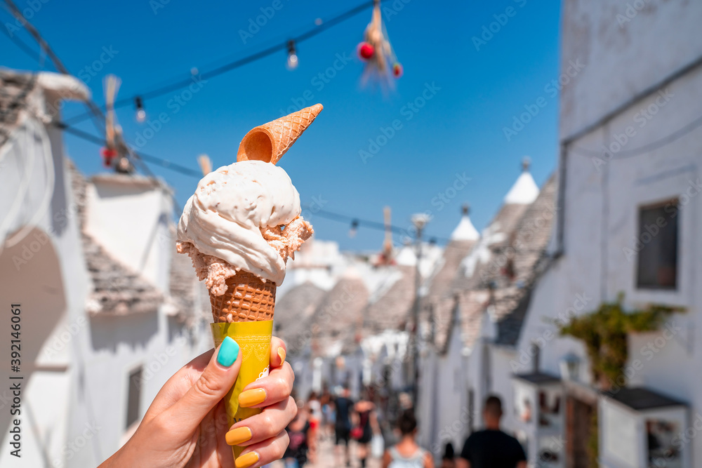 Close up view of the Italian ice cream gelato with traditional trulli