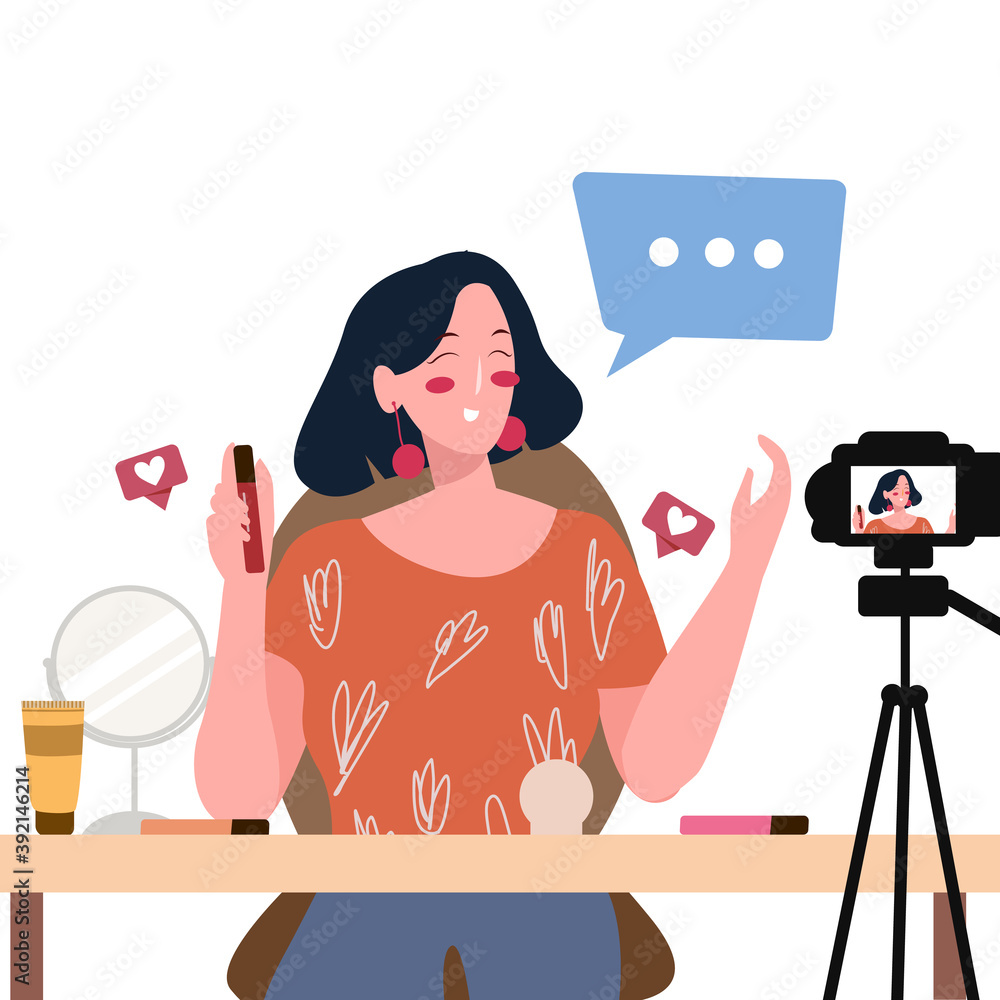 Beauty vlogger women presenting tutorial make up in front camera streaming recording  video with flat cartoon style Stock Vector | Adobe Stock