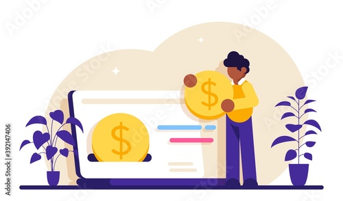 Cashback concept. Happy people receiving cashback for a buyer. oins or money transfer from laptop to e-wallet. Online banking. Saving money. Money refund. Modern flat illustration. © shendart