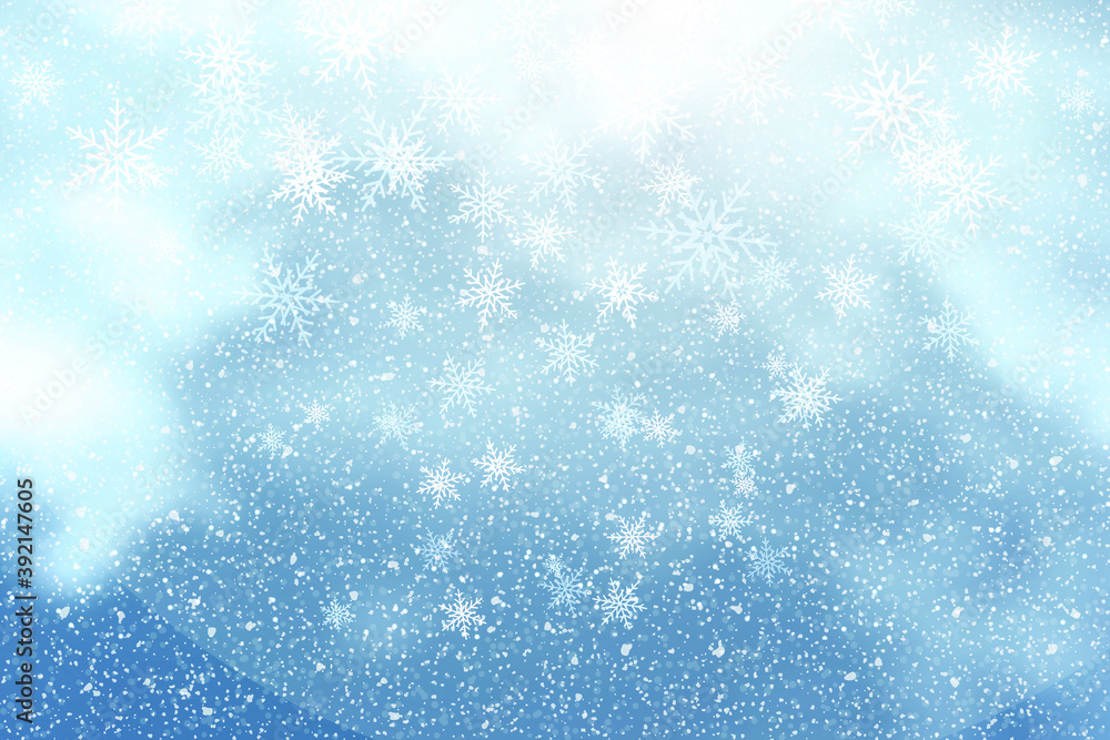 Falling Christmas background with snowflakes. Natural Winter Christmas background. Snow flakes, snow background, heavy snowfall, snowflakes in different shapes and forms. Vector illustration.