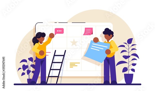 Content plan concept. Planning concept. Entrepreneurship and calendar schedule planning with filling course campaign. Events social media content and professional plan workers communications.