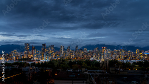 Night Sky of the Skyline of Downtown Vancouver, British Columbia, Canada. Viewed from the South Shore of Falls Creek