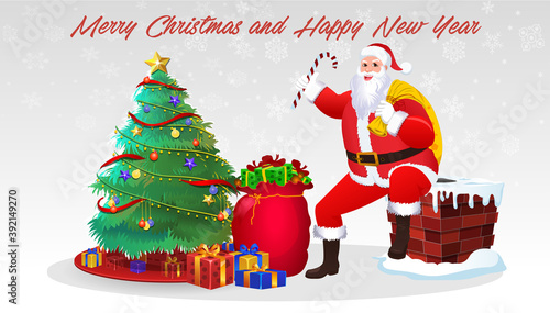 Cartoon Christmas Santa Claus, Funny happy Santa Claus character with gift, bag with presents, For Christmas cards, banners, tags, mobile and labels. Christmas Santa Claus with Christmas Gifts © AryanRaj