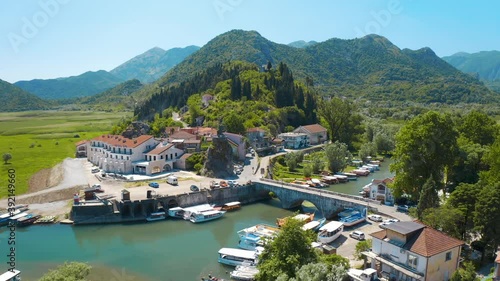 Virpazar, Montenegro. Aerial view of the Besac fortress. Picturesque mountains and Skadar Lake on the background 