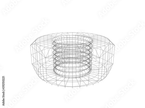 Nut wireframe model. Service and repair relative image. 3D rendering