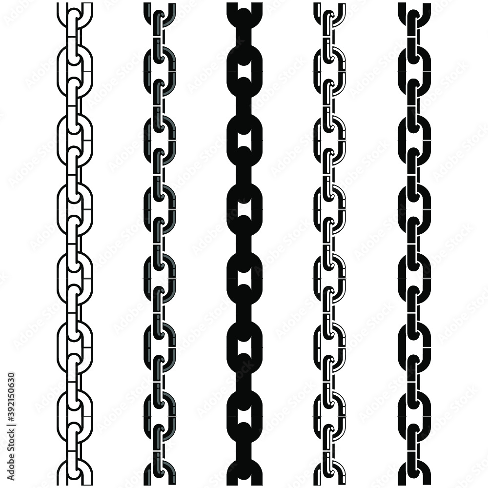 Different type of chains, black and white vector illustration set. Design for stickers, logo, web and mobile app.