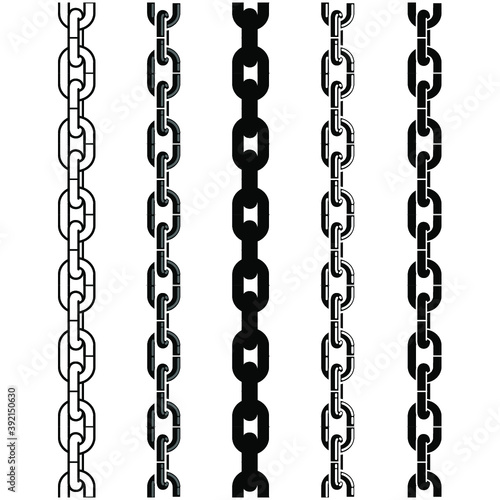 Different type of chains, black and white vector illustration set. Design for stickers, logo, web and mobile app.