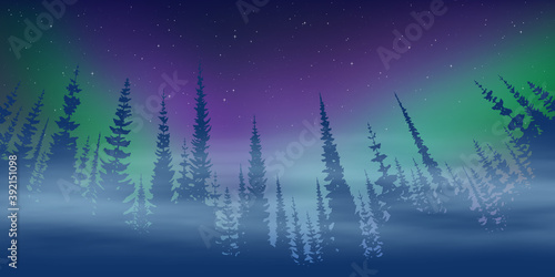 Fantasy on the theme of the northern landscape. Dusk and polar lights. Forest and sunset light. Vector illustration, EPS10.	
