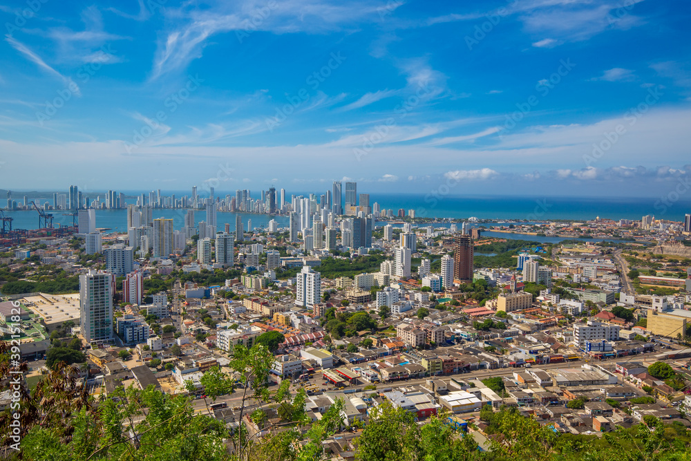 Colombia, scenic view of Cartagena cityscape, modern skyline, hotels and ocean bays Bocagrande and Bocachica from the lookout hill of Santa Cruz convent (Convento de la Popa)