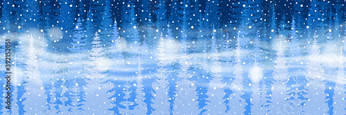 Fantasy on the theme of the winter landscape. Falling snow, forest and blizzard. Vector illustration, banner.