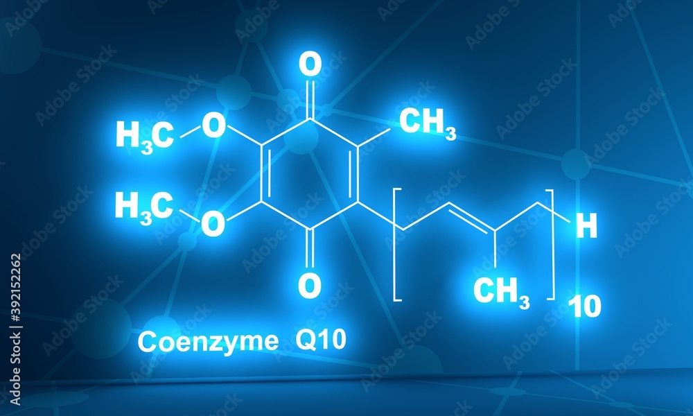 Coenzyme Q10 molecule, chemical structure. Production of cellular energy. 3D rendering. Neon shine