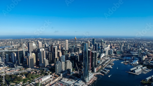 Panoramic Aerial views of Sydney Harbour with the bridge  CBD  North Sydney  Barangaroo  Lavender Bay and boats in view