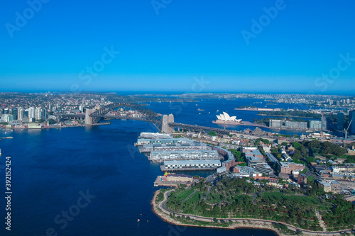 Panoramic Aerial views of Sydney Harbour with the bridge, CBD, North Sydney, Barangaroo, Lavender Bay and boats in view © Elias Bitar