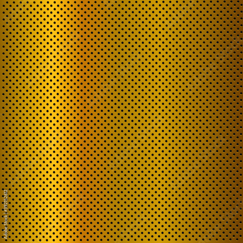 Golden perforated metal seamless background. Golden metallic steel texture background. Golden polished plate with a metal texture. Gold carbon fiber texture. Abstract techno vector pattern.Vector illu