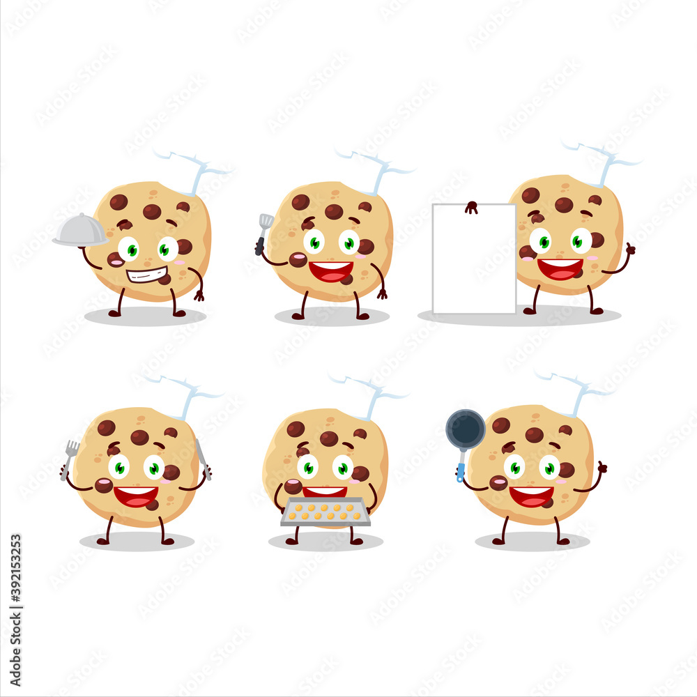 Cartoon character of chocolate chips with various chef emoticons
