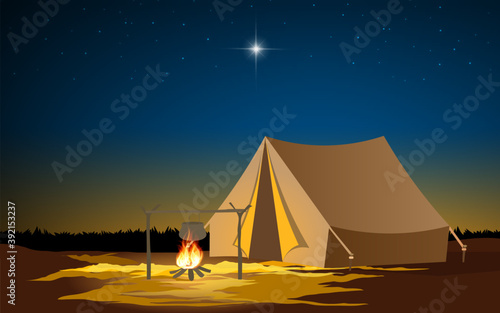 landscape of camping tent at on the mountain in sunset 
