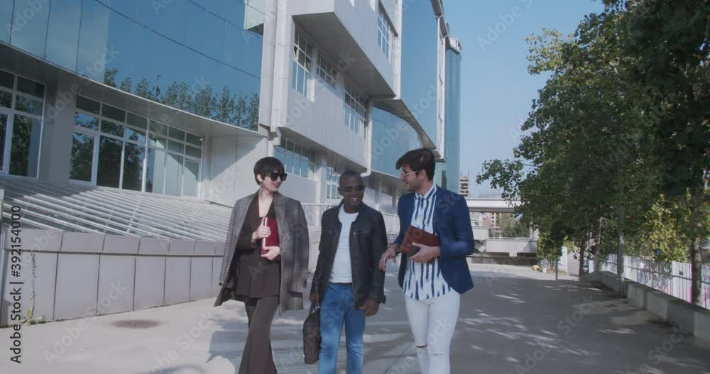Multiethnic business team meeting outside and walking Multiethnic business team meeting outside and walking
