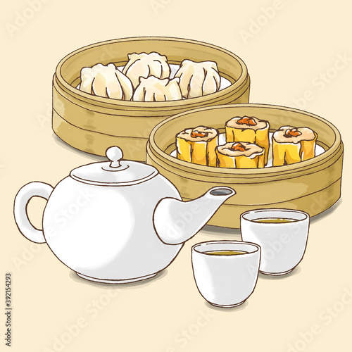 Dim Sum and tea pot in traditional Chinese restaurant