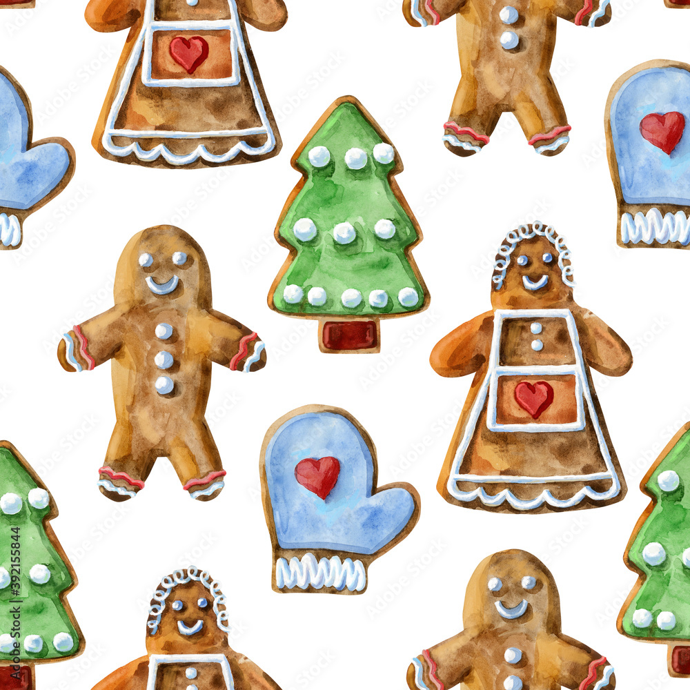 Seamless pattern. Christmas cookies on an isolated white background, watercolor illustration, sweets. Seamless pattern. Christmas cookies on an isolated white background, watercolor illustration, sweets.