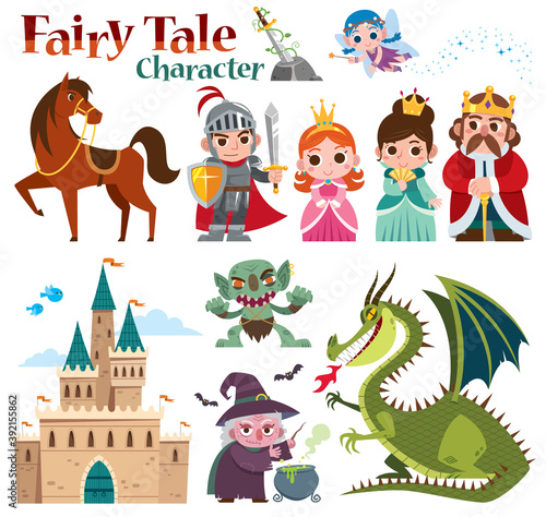 Vector illustration of Cartoon Set Fairy tales characters. Fantasy knight dragon and princess