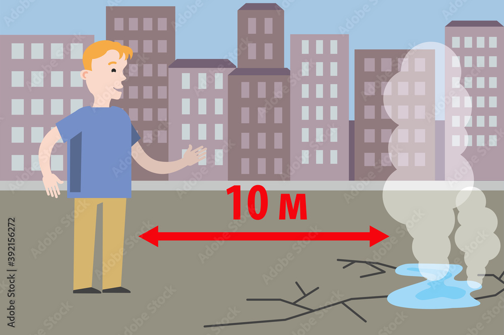 a Child plays outside near an emergency dangerous area. Children's safety: do not play near holes, cracks in the asphalt, fumes, heating mains. Vector illustration. Flat infographics. a Child plays outside near an emergency dangerous area. Children's safety: do not play near holes, cracks in the asphalt, fumes, heating mains. Vector illustration. Flat infographics.