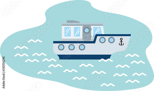 Pleasure boat floating on blue water. Water transport, a floating motor steamer in the waves of the ocean. Flat infographics. Vector illustration.