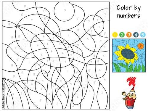 Sunflower. Color by numbers. Coloring book. Educational puzzle game for children. Cartoon vector illustration