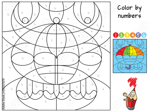 Umbrella. Color by numbers. Coloring book. Educational puzzle game for children. Cartoon vector illustration