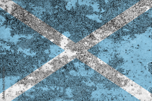 Flag of San Andres y Providencia painted on the old grunge rustic iron surface. Abstract paint of San Andres y Providencia national flag on the iron surface