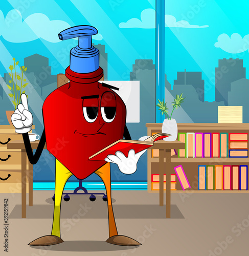 Cartoon bottle of hand sanitizer gel for hygiene with face reading a red book and making a point.