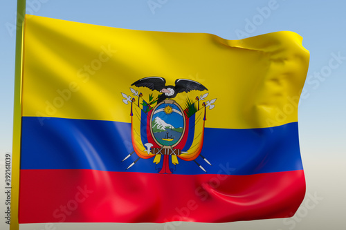 3D illustration of the national flag of Ecuador on a metal flagpole fluttering against the blue sky.Country symbol.