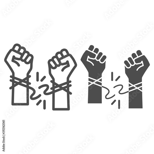 Hands tore the rope line and solid icon, life without addiction concept, anti drug, alcohol, smoking sign on white background, stop bad habits icon in outline style for web design. Vector graphics.