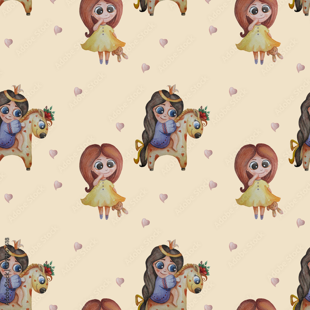 Obraz premium Cute kids collection. Seamless pattern. Cute girls Little princess on a unicorn horse and a girl with a toy hare in her hands on a yellow background with hearts. Watercolor. Hand drawing