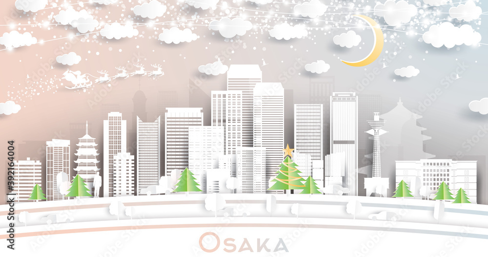 Fototapeta premium Osaka Japan City Skyline in Paper Cut Style with Snowflakes, Moon and Neon Garland.