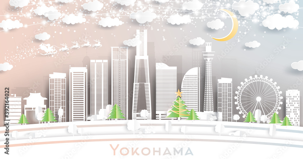 Yokohama Japan City Skyline in Paper Cut Style with Snowflakes, Moon and Neon Garland.