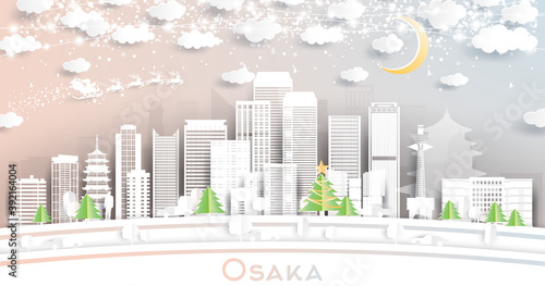 Osaka Japan City Skyline in Paper Cut Style with Snowflakes  Moon and Neon Garland.